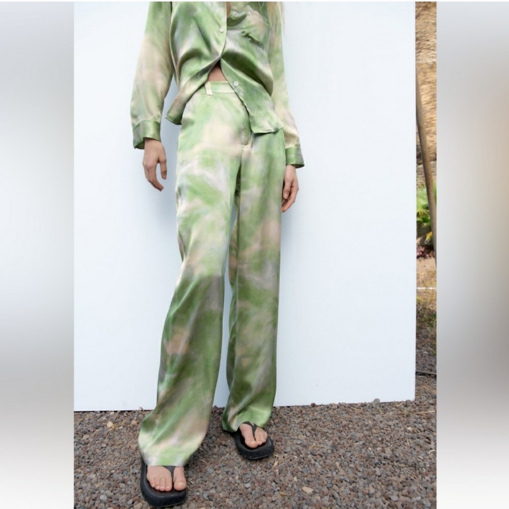 NWT Zara Green and Cream Tie Dye Silk Set, Small Top, Large Bottom